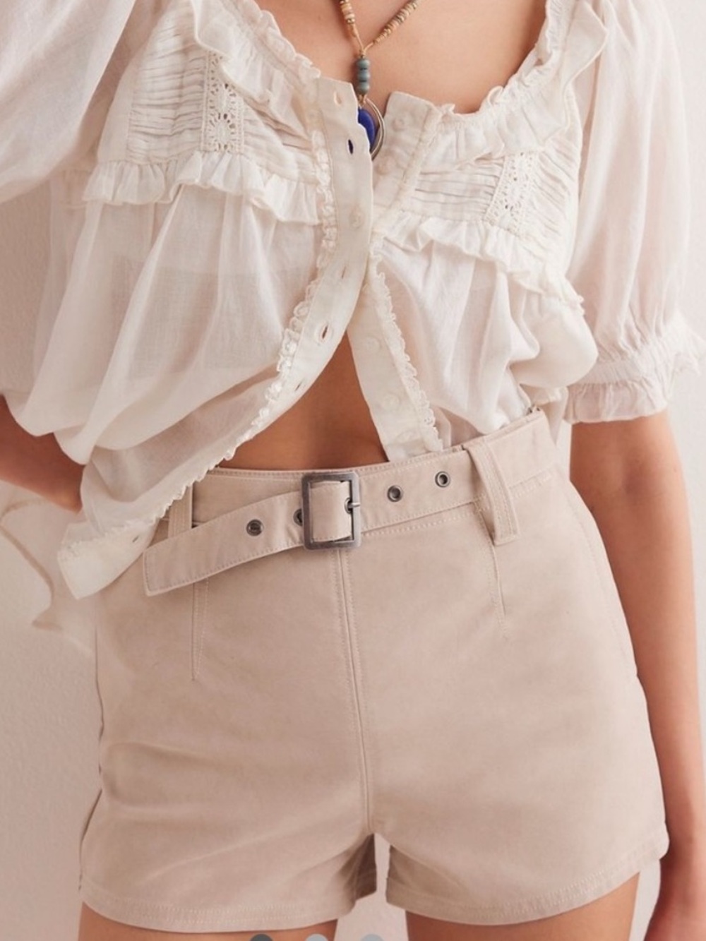We The Free High Waist Belted Shorts in Light Beige